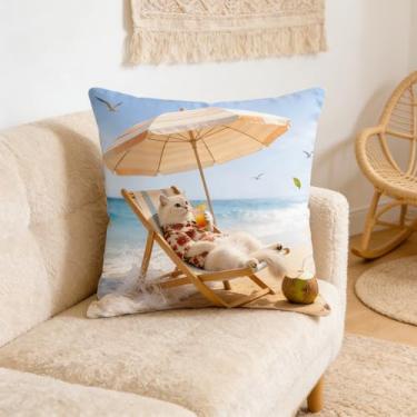 Imagem de Capas de almofada, 43 cm x 43 cm, decoração de capa de almofada xadrez de linho com padrões de gato, fronhas quadradas com zíper para sofá (estilo 6)