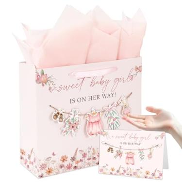 Imagem de Whaline Saco de papel grande para chá de bebê de 33 cm com papel de seda para cartão de felicitações com alças de fita, roupas de bebê florais rosa para lembrancinhas de festa de aniversário de