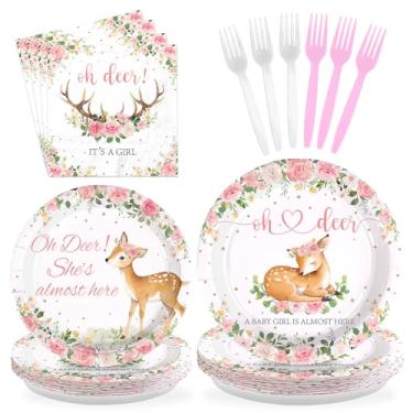 Imagem de Greencian 96 peças Oh Deer He's Almost Here Artigos de festa de chá de bebê rosa pratos e guardanapos animais da floresta conjunto de utensílios de mesa para meninas animal chá de bebê gênero revelar