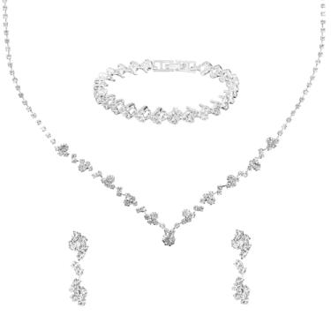 Imagem de Gjinxi Conjunto de joias de prata para mulheres, conjuntos de casamento de cristal, noivas e damas de honra, colar de strass, brinco, pulseira, kit de bijuterias