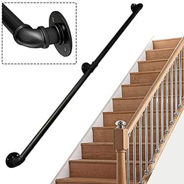 Imagem de AkosOL Corrimão de escada - kit completo, corrimão de tubo preto industrial de escada com suporte de parede, casa contra a parede, grades internas e externas para idosos
