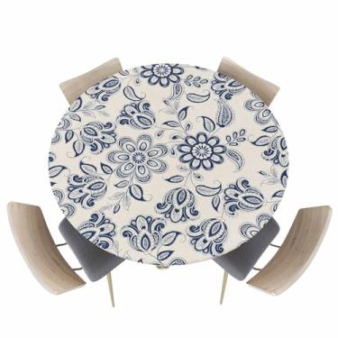Imagem de Cuang Life Toalha de mesa redonda ajustada com borda elástica, paisley, azul marinho, flores à prova d'água, para uso interno e externo, cozinha, festa, étnica, floral, em toalha de mesa de linho