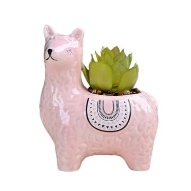 Imagem de SJBAG Vaso de suculentas de cerâmica em forma de lhama com orifícios de drenagem, vaso de animais pintado à mão para cactos e suculentas internos, decoração de casa exclusiva e presente (vermelho