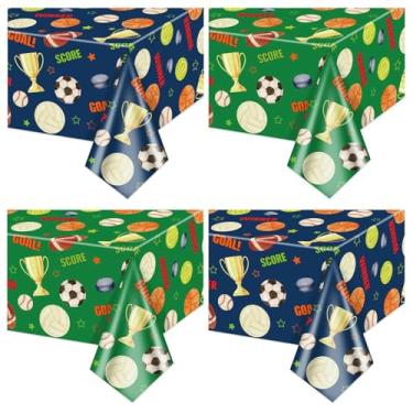 Imagem de Pacote com 4 decorações de festa de aniversário esportivas, toalha de mesa esportiva, futebol, basquete, beisebol, hóquei, softball, vôlei, para todas as decorações de festa temáticas, 130 x 213 cm