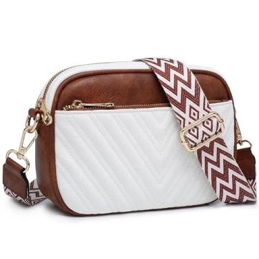 Imagem de MARCO M KELLY Bolsas transversais femininas de couro vegano com zíper triplo, bolsas de ombro pequenas com alça larga, Branco/Marrom