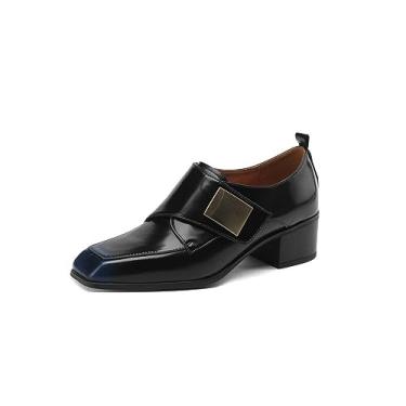 Imagem de TinaCus Sapato feminino de couro legítimo feito à mão com fivela de bico quadrado salto baixo empilhado, Preto, 35