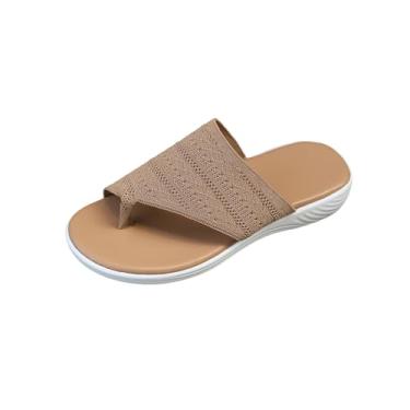 Imagem de Pantufas femininas plataforma com bico redondo e cabedal de malha, chinelos respiráveis para o verão, Caqui, 38