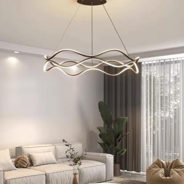 Imagem de Lustre LED moderno preto com intensidade de cor ajustável (3000K-6000K), controle remoto e design criativo em formato de coroa. Ideal para mesa de bilhar, sala de jantar, cozinha e sala de e