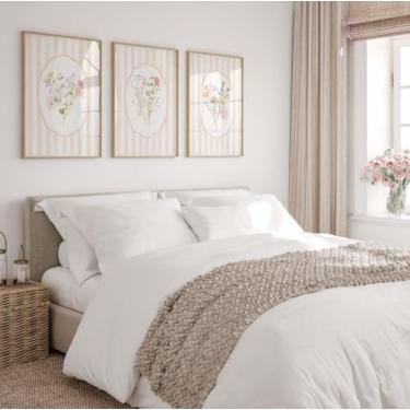 Imagem de Conjunto de 3 impressões de flores listradas laranja pintura em tela emoldurada para meninas universitárias dormitório sala de estar casa decoração de quarto de menina com moldura interna