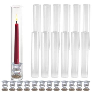 Imagem de Castiçais de vidro Hurricane – 2 capas de cilindro transparentes e 12 castiçais cônicos, castiçais à prova de vento de 6,6 cm P x 35 cm A para casamento, mesa de pátio, decoração de festa de Natal ao