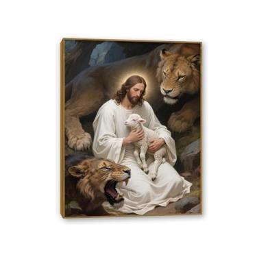 Imagem de Jesus Leão e Cordeiro Arte de Parede Religiosa Cristã Pintura em Tela Impressão de Jesus Decoração de Parede para Casa Igreja Sala de Oração Galeria 50x40 cm Moldura dourada