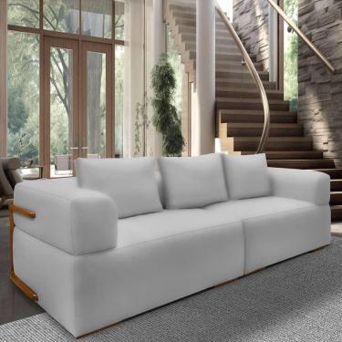 Imagem de Sofá 3 Lugares 2,20m Em Tecido Veludo Com Aplique Em Madeira – Scott Lucadi Prata