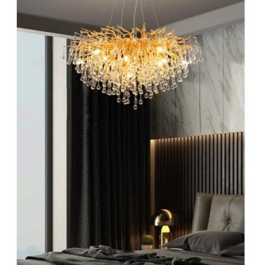 Imagem de Lustre de cristal moderno, elegante, dourado/azul, com intensidade regulável em 3 cores, ideal para sala de estar, sala de jantar e quarto. Lustre de embutir sofisticado, luminária pendente