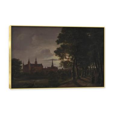 Imagem de NHLDZYH Moldura dourada. Pintura a óleo de paisagem romântica norueguesa famosa, J.C. Dahl, cópia de pintura a óleo clássica emoldurada para sala de estar ou escritório. (Noite iluminada pela lua). 60