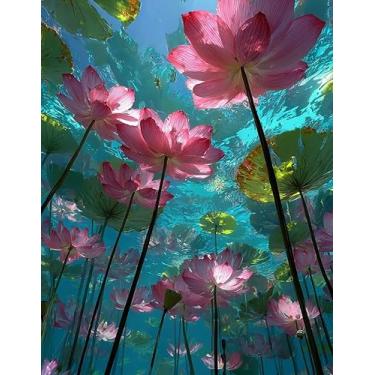 Imagem de Kit de pintura de flor de lótus por números para adultos iniciantes, kits de pintura por números em tela, kit de pintura a óleo de flores para iniciantes e adultos, kits de pintura por número para