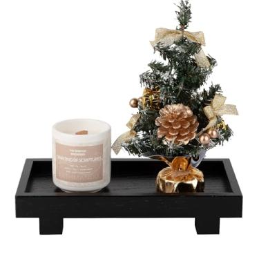 Imagem de Bandeja decorativa com pedestal pequeno, decoração de banheiro de fazenda, suporte de exibição de madeira para penteadeira, bancada de cozinha, pia, 24 x 12 cm, preto