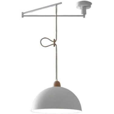 Imagem de Luminária de teto suspensa com braço articulado ajustável, estilo moderno de meados do século XX, em metal preto e branco, ideal para mesa de jantar.