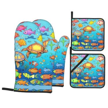 Imagem de Conjunto de luvas de forno com estampa de tartaruga e peixe, conjunto de 4 peças adequado para grelhar, cozinhar e assar