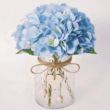 Imagem de Piklado Hortênsia Flores artificiais em vaso flores falsas de seda com vaso de vidro, estilo boêmio e hortênsia sintética com conjunto de garrafa de vidro para decoração de casa de banho e escritório