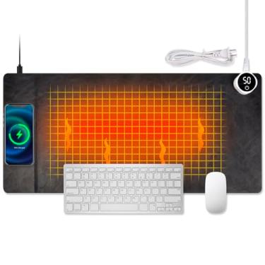 Imagem de Tapete de mouse de mesa aquecido – Tapete de mouse quente grande de 15 W de carregamento sem fio com 3 níveis de aquecimento, tapete aquecido de couro sintético para jogos aquecedor de mãos, tapete de