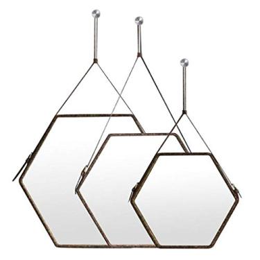 Imagem de Espelho decorativo de couro PU redondo espelho decorativo com gancho espelho hexagonal sala de estar varanda banheiro banheiro espelho (tamanho: P)