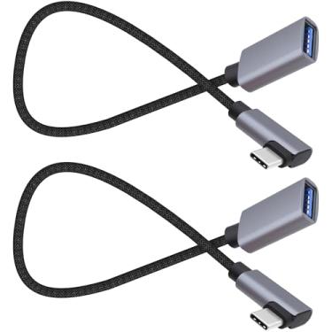 Imagem de CybNemo Cabo adaptador USB 3.0 para tipo-C OTG 5 GB de ângulo reto USB C macho para USB A fêmea cabo de transferência de dados de carregamento para celular, laptop, tablet - 30 cm, pacote com 2
