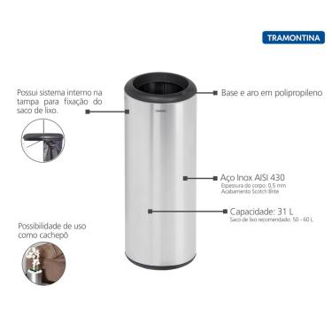 Imagem de Lixeira Inox Tramontina Cápsula com Acabamento Scotch Brite e Aro e Base em Polipropileno 31 L