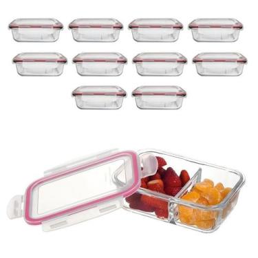 Imagem de Kit 10 Potes de Vidro com Divisória Marmita Fit 4 Travas 930ml - CLICK