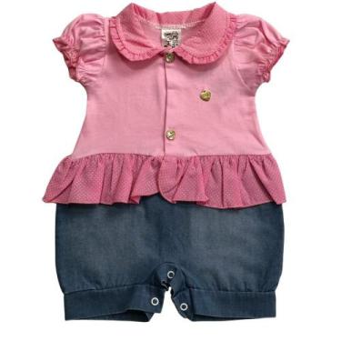 Imagem de Macacão bebe menina jeans curto - PEQUENO CHARME MODA BEBÊ, Rosa, G - 