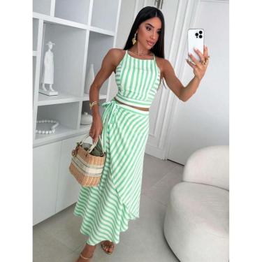 Imagem de CONJUNTO FEMININO SAIA MIDI ENVELOPE E TOP CROPPED REGATA ALCINHA LISTRADO-Feminino