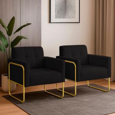 Imagem de Poltrona Sala Industrial Alta Tubo Dourado Kit 2 Elisa Linho D03 - D'rossi Preto