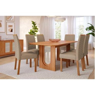 Imagem de Conjunto: Mesa De Cozinha Valentina Tampo Madeirado 180x90cm E 6 Cadeiras Clarice Cinamomo - Carvalho-linho Bege - Cimol