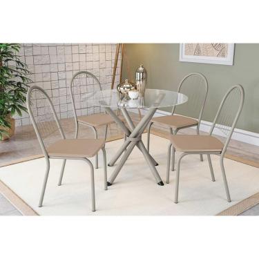 Imagem de Conjunto: Mesa Sala Jantar Volga C- Tampo De Vidro 95cm E 4 Cadeiras Noruega Niquel - Courano Bege - Kappesberg