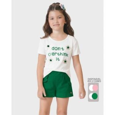 Imagem de Conjunto blusa linho com pompom shorts verão leve divertido - Rosa e Verde - Menina 4 a 14 anos-Feminino