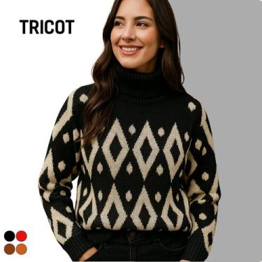 Imagem de Blusa Feminina Tricot Geométrica Manga Longa Gola Alta - Vitrine Colle