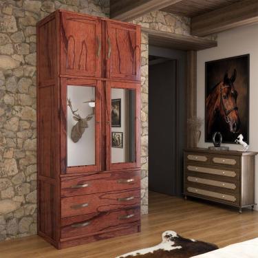 Imagem de Guarda-Roupa Solteiro Rústico 4 Portas 3 Gavetas Madeira Maciça com Espelho Mogano - Panorama Móveis