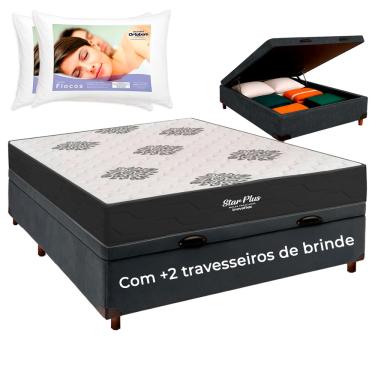 Imagem de Kit Cama Box Bau + Colchão Casal Molas Ensacadas Star Plus + 2 Travesseiros Ortobom