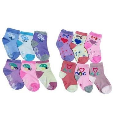 Imagem de Meias Sortidas Infantil Bebê - Kit 12 Pares: Solado Liso + Antiderrapa