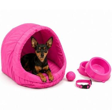 Imagem de Kit Cama Toca Iglu Pet Médio com Comedouro Coleira Bolinha Fofos - Sup