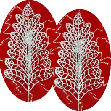 Imagem de Folhas Flores Enfeite Árvore Natal Gliter Prata 12pçs 40cm - Genérico