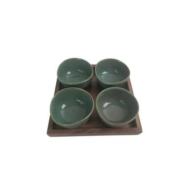 Imagem de Petisqueira Madeira 4 Bowls Cerâmica Marrom/Verde 24CM UN0035 - BTC