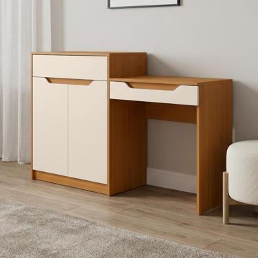 Imagem de Penteadeira Escrivaninha Treviso A04 1 Gaveta com Espelho Tampo Basculante MDF MDP Cinamomo Off White Lyam Decor