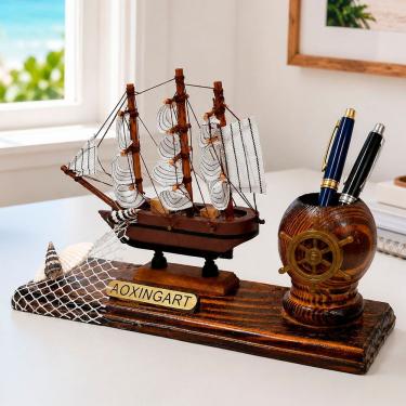 Imagem de Porta Caneta Caravela Design Exclusivo de Barco Navio Organizador Decorativo Marrom