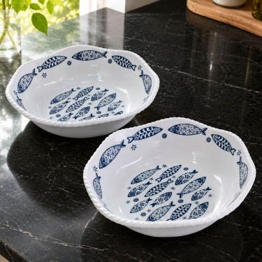 Imagem de Tigela Saladeira Peixe Oceano em Melamina 2,3L Ideal para Alimentos Quentes Ou Frios Kit 2 Peças Branco