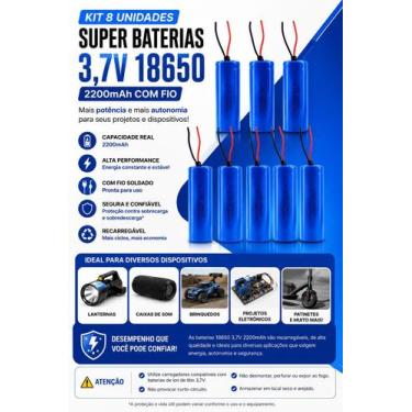 Imagem de Kit 8 Baterias 18650 Recarregáveis 3.7V 2200mAh Com Fio para Eletrônic