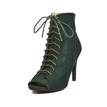 Imagem de GATUXUS Botas femininas de salto alto, plataforma, bico aberto, cadarço, cano alto, botas de cano curto, Verde escuro, 10