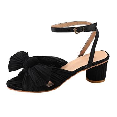 Imagem de Sandálias femininas de salto com tira no tornozelo salto com laço, Preto, 5.5