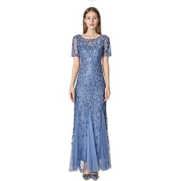 Imagem de Vestidos de verão para mulheres, vestido de noite feminino fino malha lantejoulas vestido sereia manga curta saia de gola redonda, azul1, P