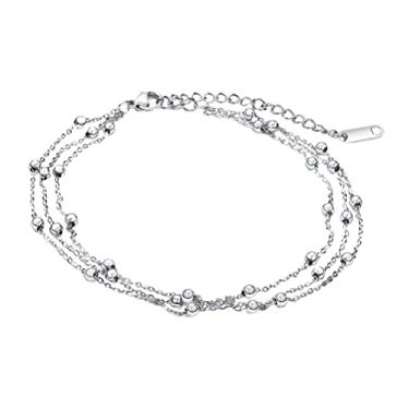 Imagem de generic Pulseira de tornozelo de aço de titânio multicamadas com contas de corrente de pé para mulheres tornozeleiras ajustáveis de verão de praia , Aço inoxidável, Aço de titânio
