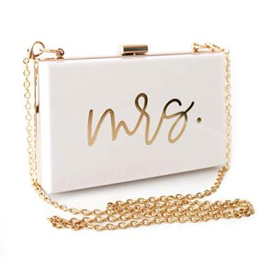 Imagem de ModParty Bolsa clutch Mrs Acrylic | Presente de chá de panela, noivado e lua de mel | Acessório Bride to Be | Bolsa transversal com corrente removível | Branco e dourado, Branco, 7" x 4.3" x 1.9"